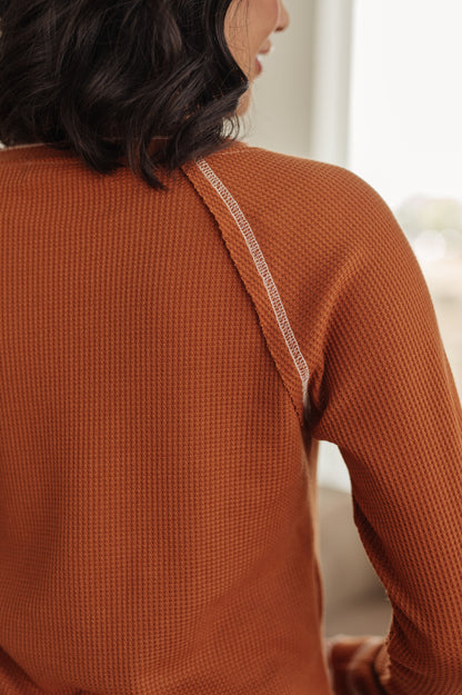 Close up back view of Joanna Waffle Knit Top showing contrast stitching