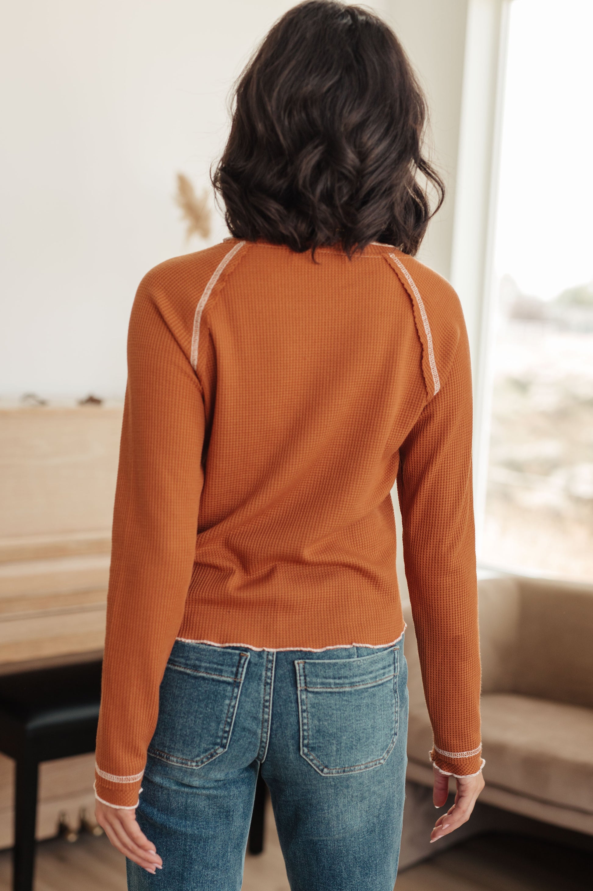 Back view of Joanna Waffle Knit Top with waffle knit texture