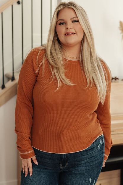 Plus size front view of Joanna Waffle Knit Top in camel with exposed seams