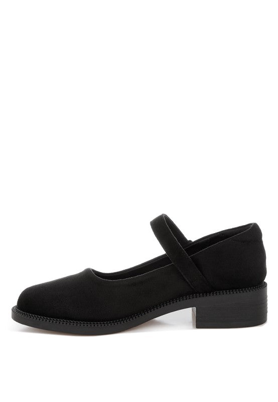 Side angle of Stivah Mary Janes inside view highlighting 1.5 inch block heel.