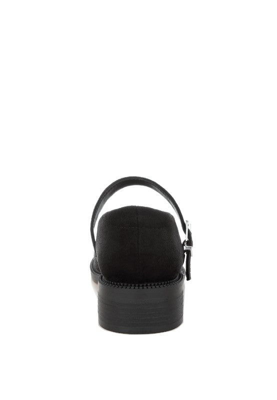 Back view of Stivah Mary Janes showing block heel design.