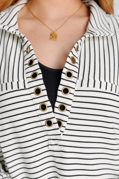 Kira Striped Pullover - White with Black Stripes, Collared V-Neck, Grommet Details, Thumb Holes