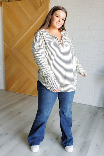 Kira Striped Pullover - White with Black Stripes, Collared V-Neck, Grommet Details, Thumb Holes
