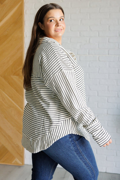 Kira Striped Pullover - White with Black Stripes, Collared V-Neck, Grommet Details, Thumb Holes