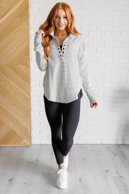 Kira Striped Pullover - White with Black Stripes, Collared V-Neck, Grommet Details, Thumb Holes