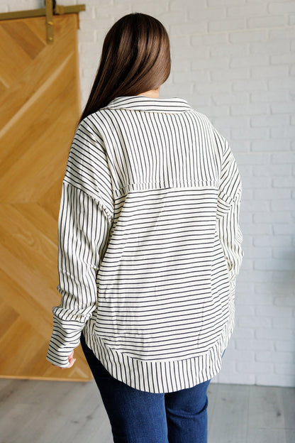Kira Striped Pullover - White with Black Stripes, Collared V-Neck, Grommet Details, Thumb Holes