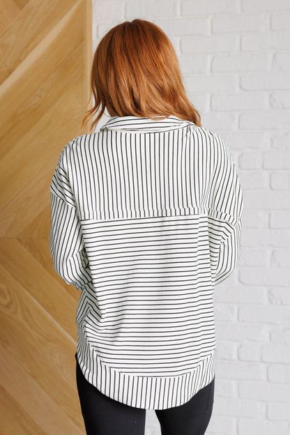 Kira Striped Pullover - White with Black Stripes, Collared V-Neck, Grommet Details, Thumb Holes