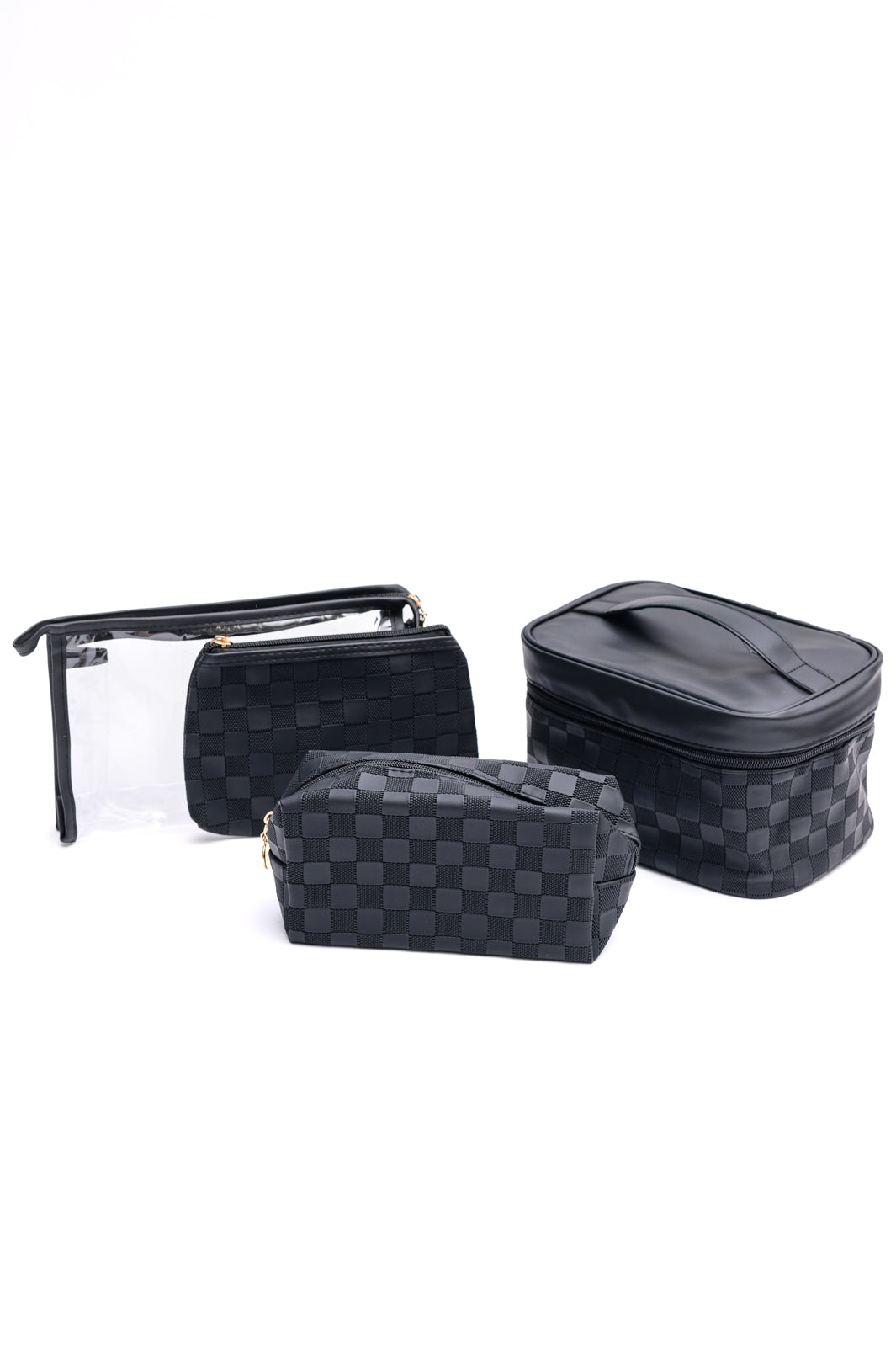 Checked Cosmetic Bag Set in Black with checkered pattern, brown PU leather, and gold zippers, perfect for organizing beauty essentials.