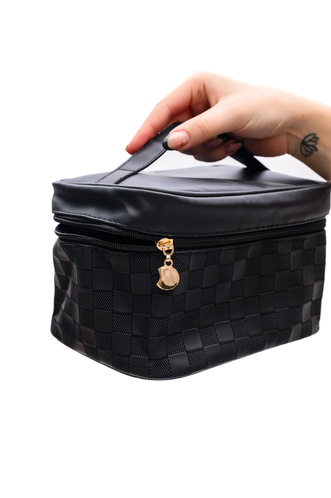 Checked Cosmetic Bag Set in Black with checkered pattern, brown PU leather, and gold zippers, perfect for organizing beauty essentials.