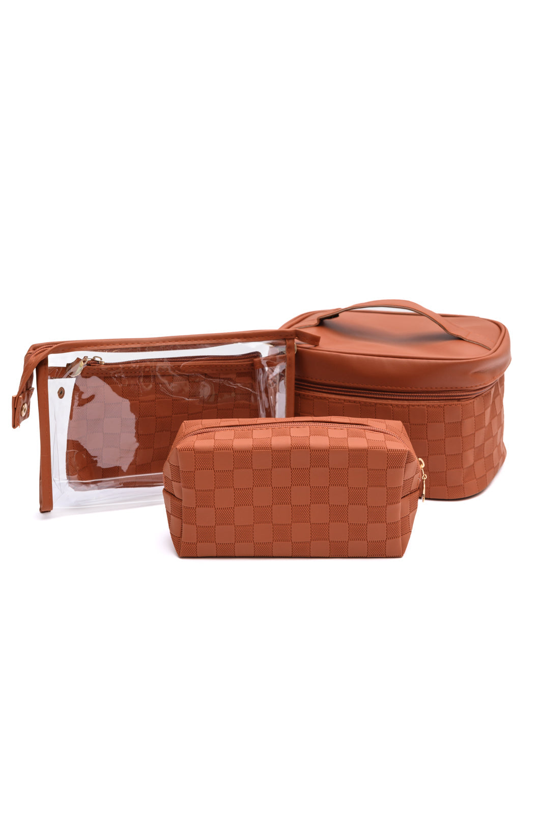 Checked Cosmetic Bag Set in Brown with checkered pattern, brown PU leather, and gold zippers, perfect for organizing beauty essentials.