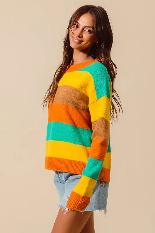 Side angle showing ribbed texture of Sunny Stripe Sweater with round neckline and vibrant multi-color stripes.