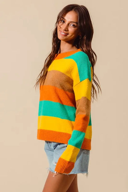 Side angle showing ribbed texture of Sunny Stripe Sweater with round neckline and vibrant multi-color stripes.