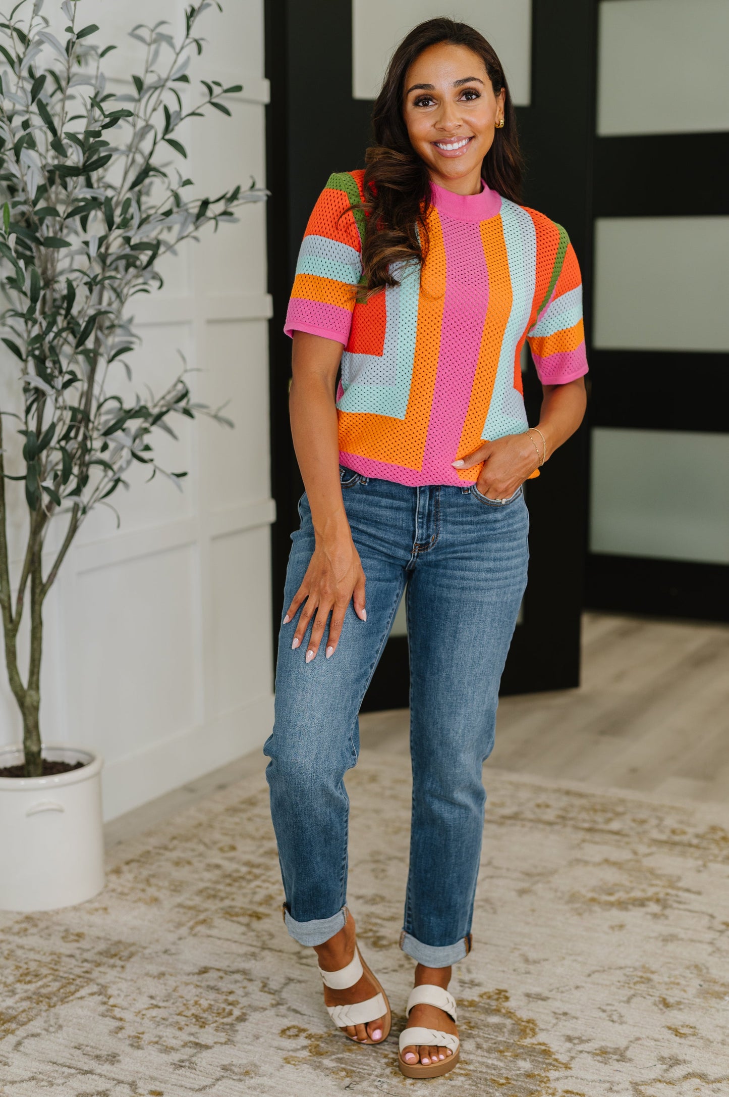 Full body look of Blyss Knit Top styled with jeans for a casual vibe.