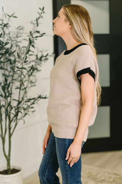 Side view of Fern Contrast Trim Sweater with sleeveless relaxed fit