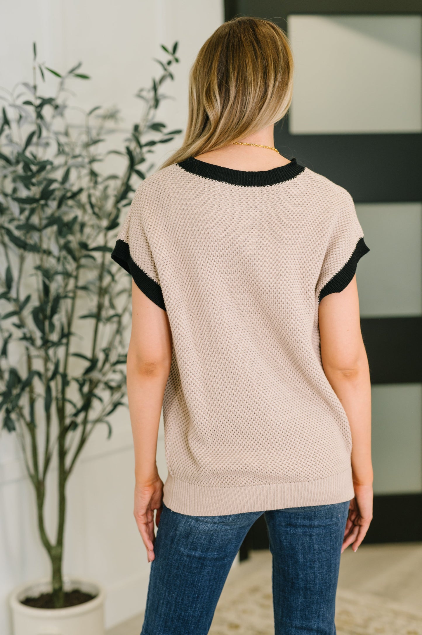 Back view of Fern Contrast Trim Sweater in beige knit with black accents