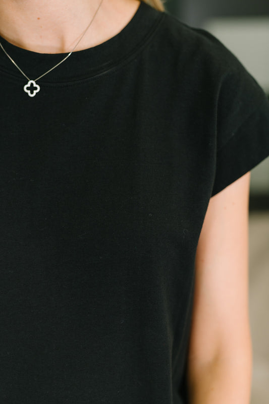 Close up of Sweeney Casual Dress jersey knit texture and neckline detail.