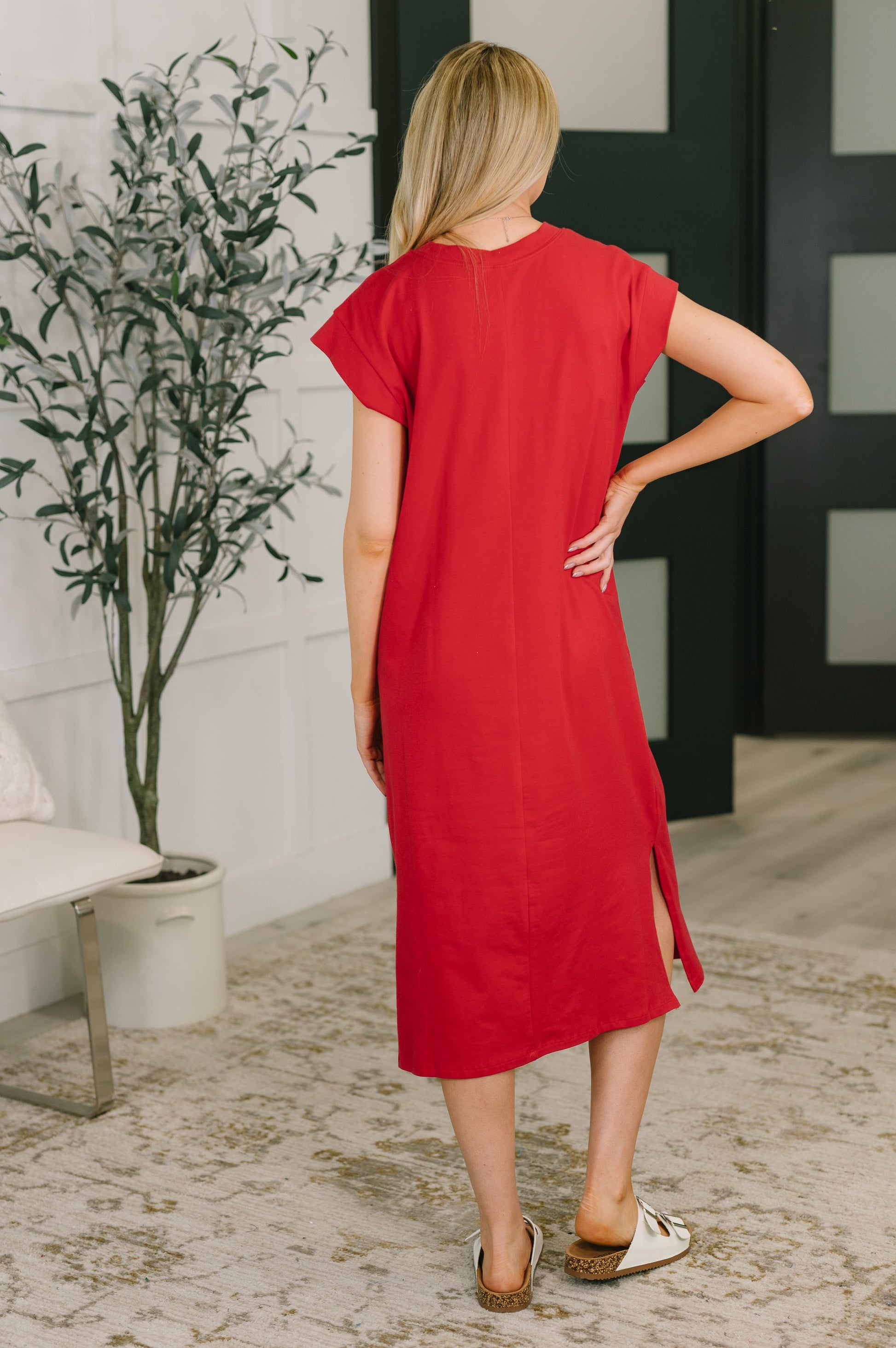 Back view of Sweeney Casual Dress ruby casual dress silhouette.