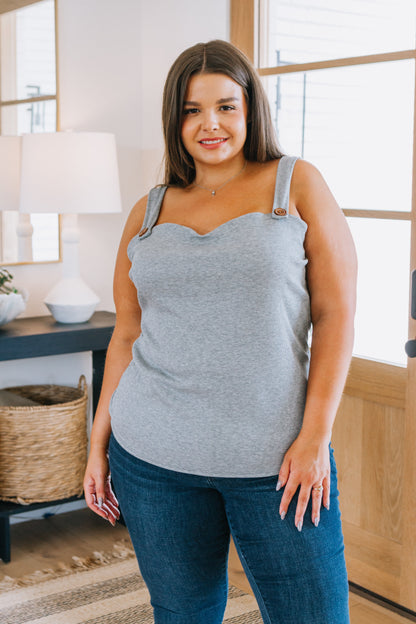 Plus size gray ribbed knit tank top with sweetheart neckline and button detail.