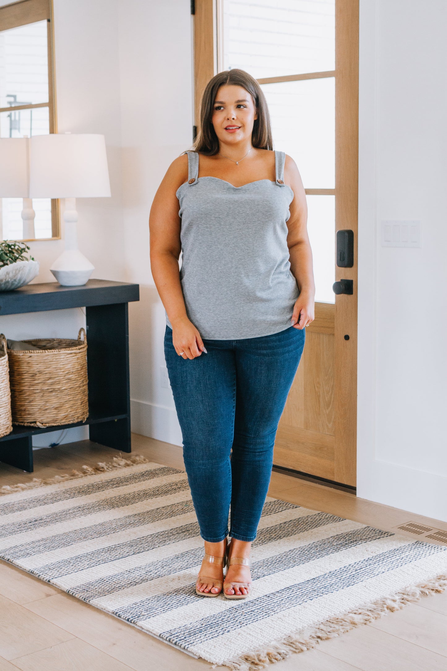 Fanny sweetheart neckline tank – gray ribbed knit top for curvy women, plus size.