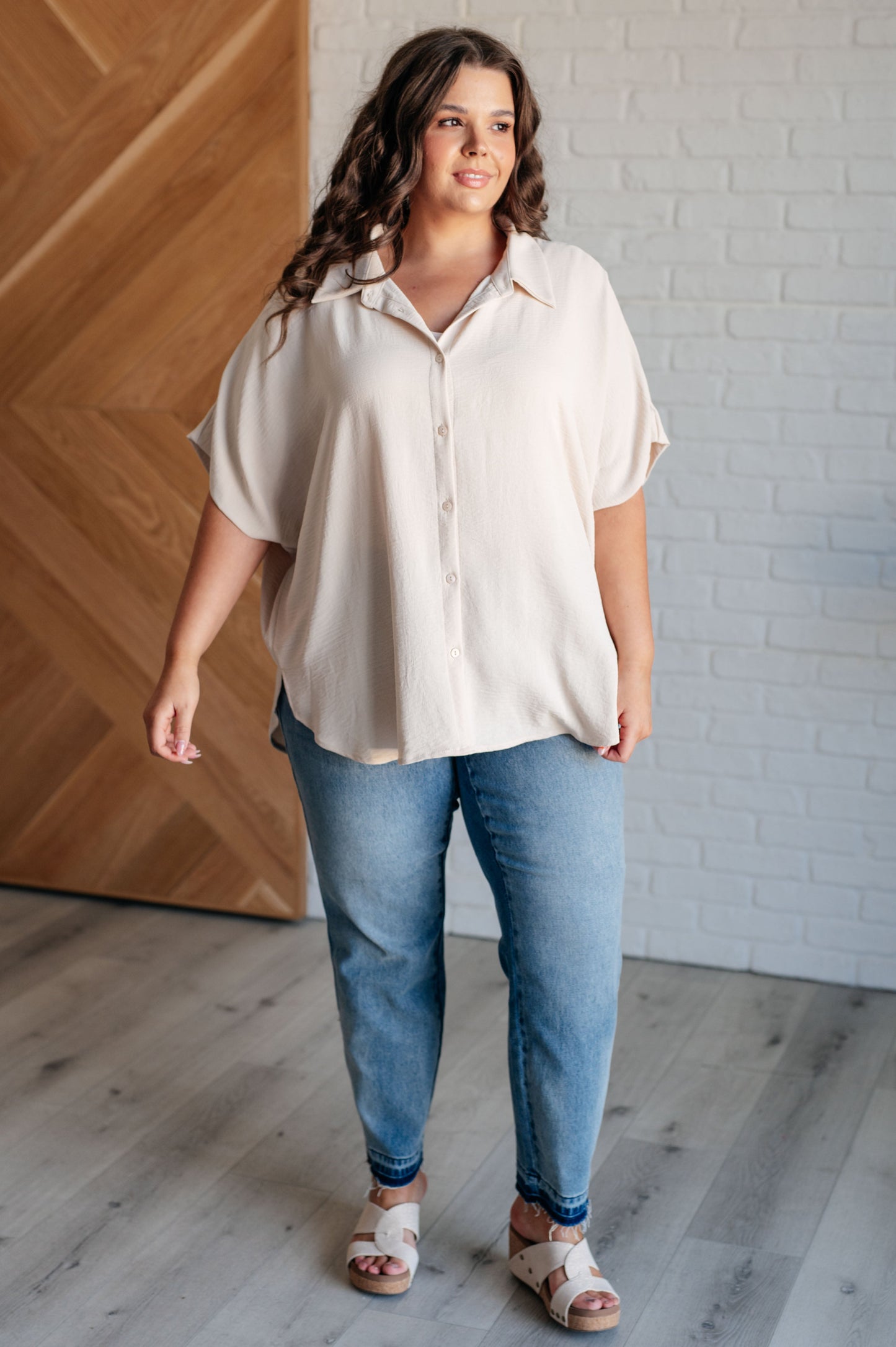 Women's Button Down Blouse in Oatmeal, featuring textured woven fabric, lightweight design, fold-over collar, short dolman sleeves, and button front closure. Perfect for a stylish, laid-back look.