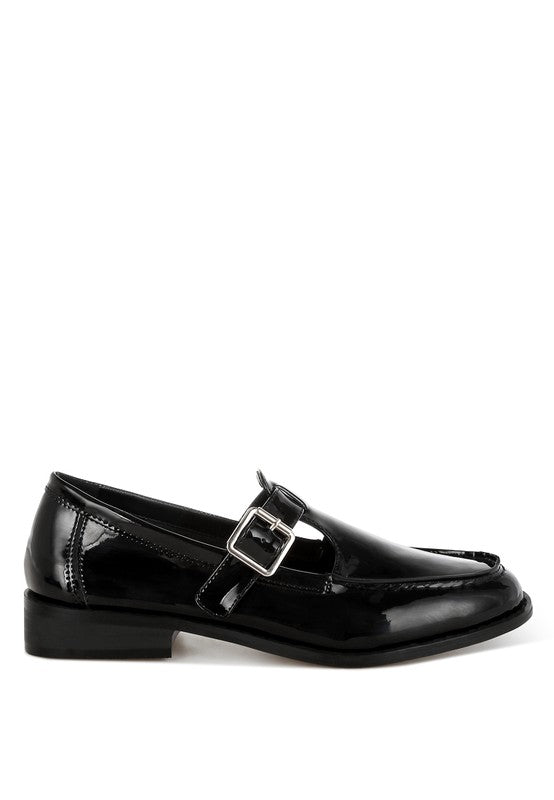 Side profile of black Swenson Mary Jane Loafers, glossy patent pleather finish with pin buckle strap