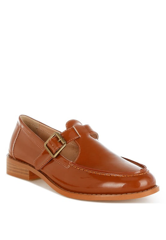 Brown Swenson Mary Jane Loafers front angle, patent pleather with buckle strap and low block heel
