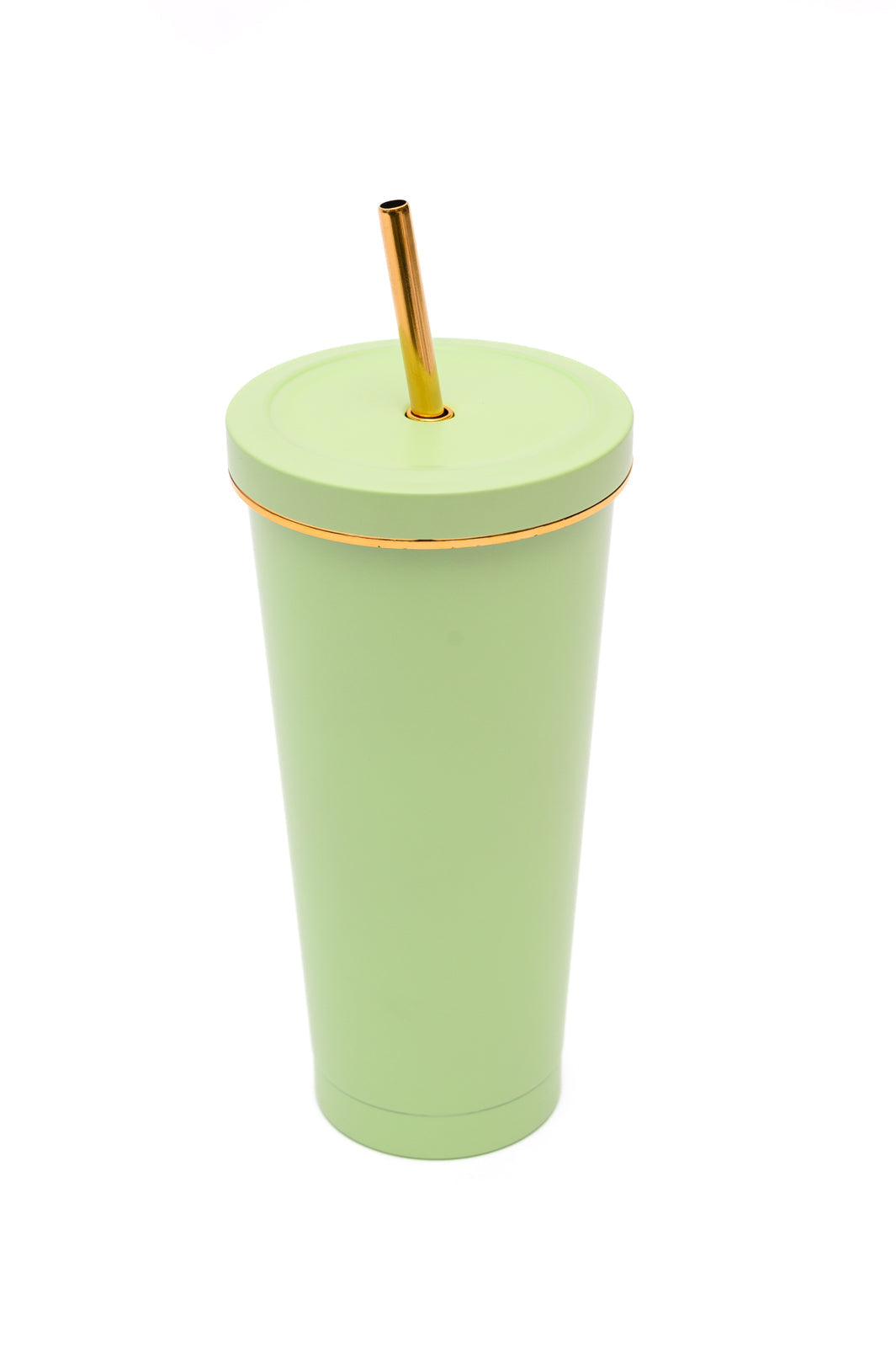 Pear green tumbler with gold accents, 25 oz capacity, made of double-layer stainless steel, includes a matching straw and cleaning brush.