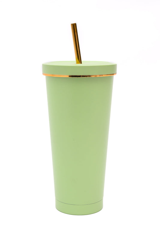 Pear green tumbler with gold accents, 25 oz capacity, made of double-layer stainless steel, includes a matching straw and cleaning brush.