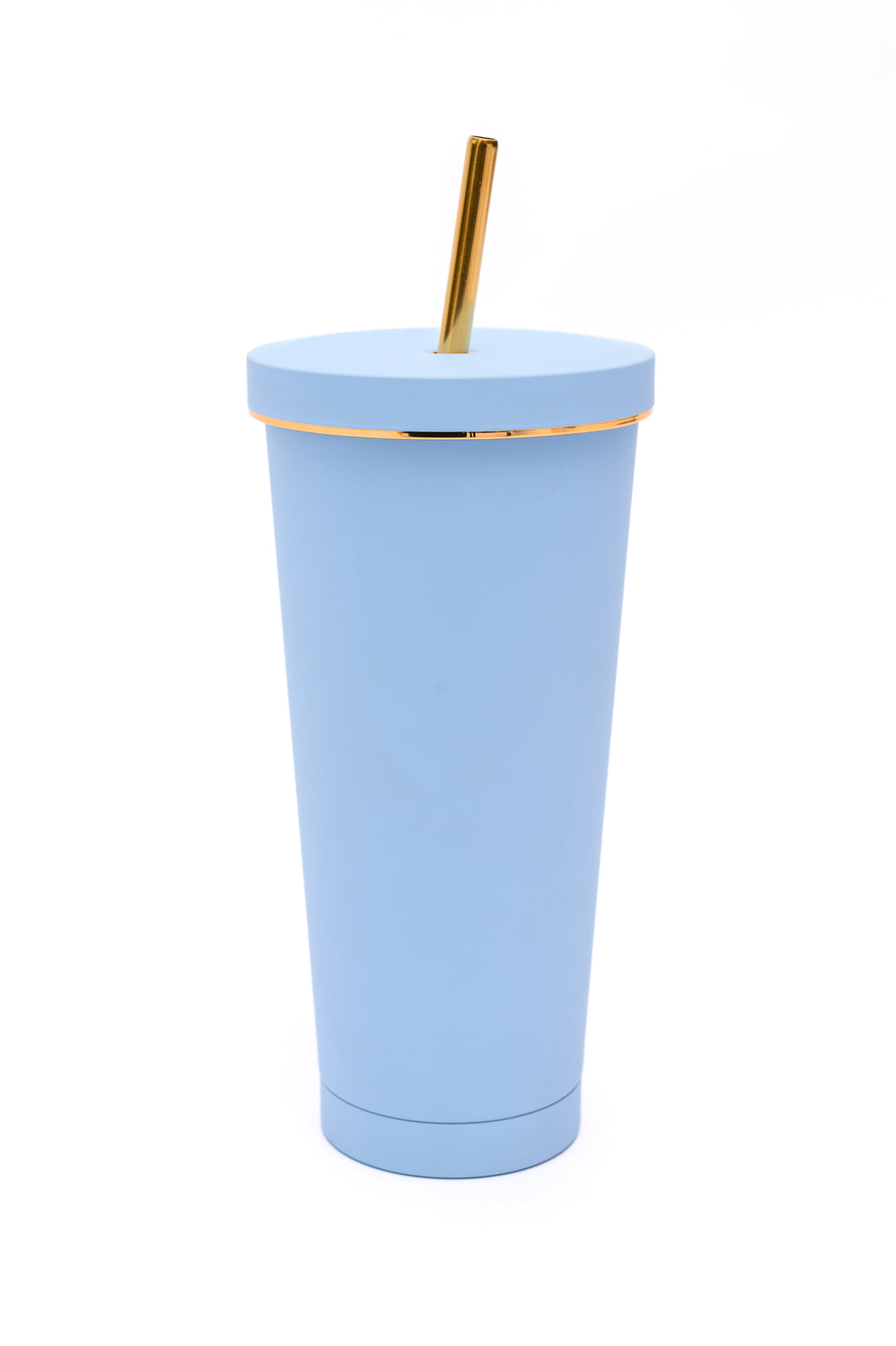 Sky blue Total Eclipse Tumbler with gold accents, 25 oz capacity, made of double-layer stainless steel, includes a matching straw and cleaning brush.