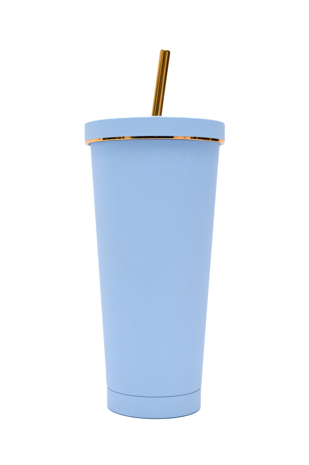 Sky blue tumbler with gold accents, 25 oz capacity, made of double-layer stainless steel, includes a matching straw and cleaning brush.