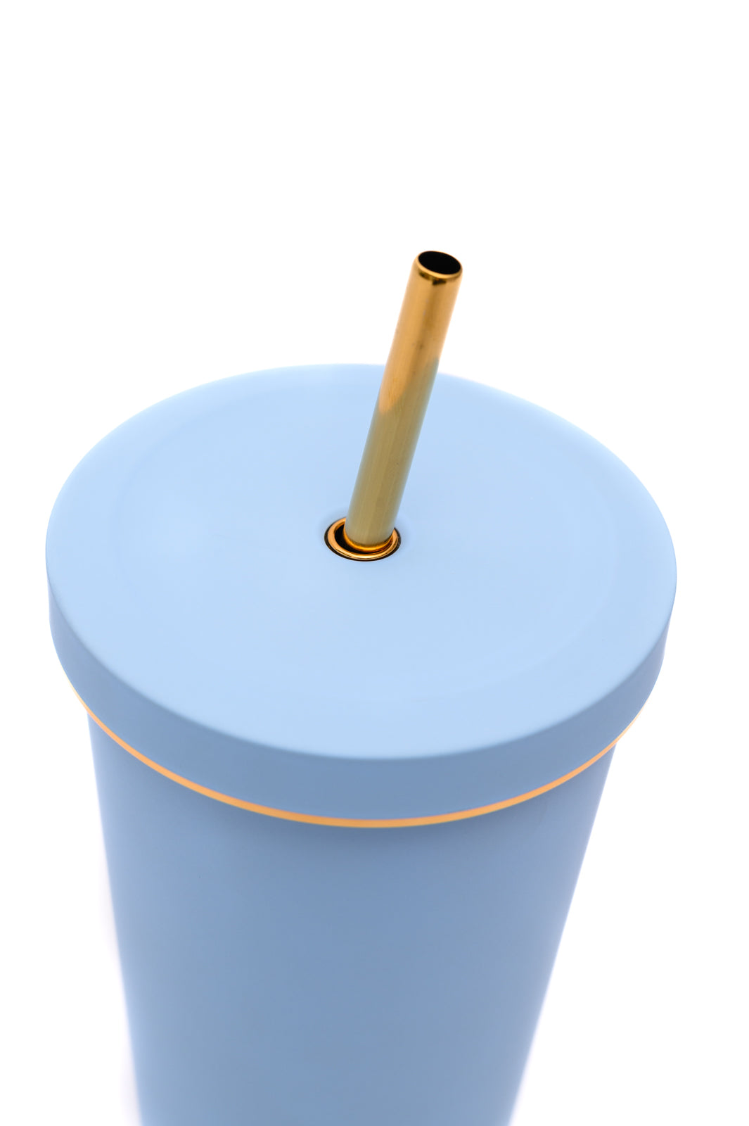 Sky blue tumbler with gold accents, 25 oz capacity, made of double-layer stainless steel, includes a matching straw and cleaning brush.