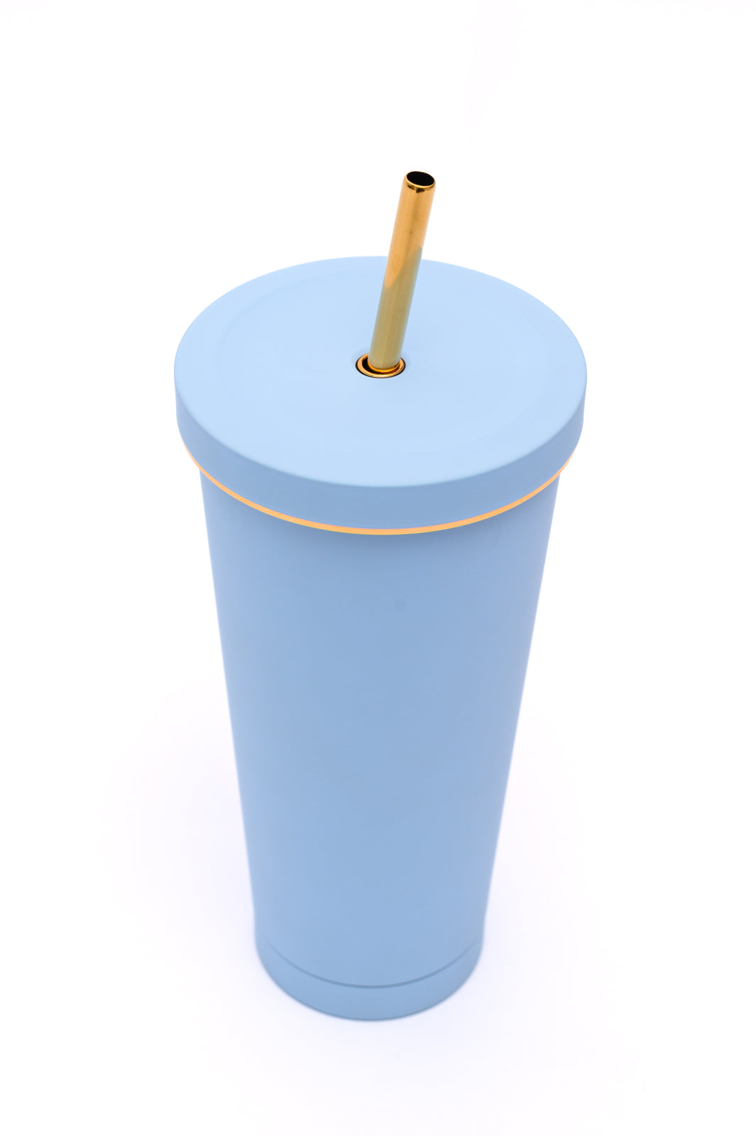 Sky blue tumbler with gold accents, 25 oz capacity, made of double-layer stainless steel, includes a matching straw and cleaning brush.