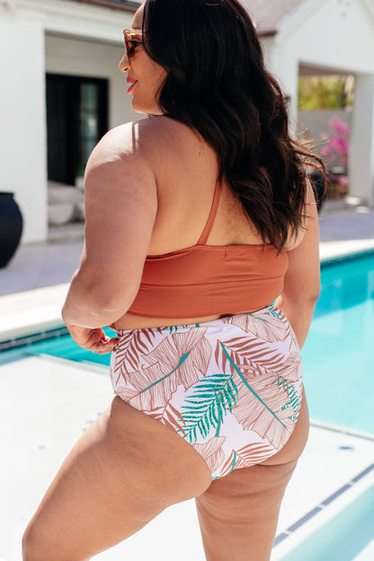 Plus size model side angle wearing Tahiti Tropical Print Swim Bottoms, high waist, tropical print, cheeky cut