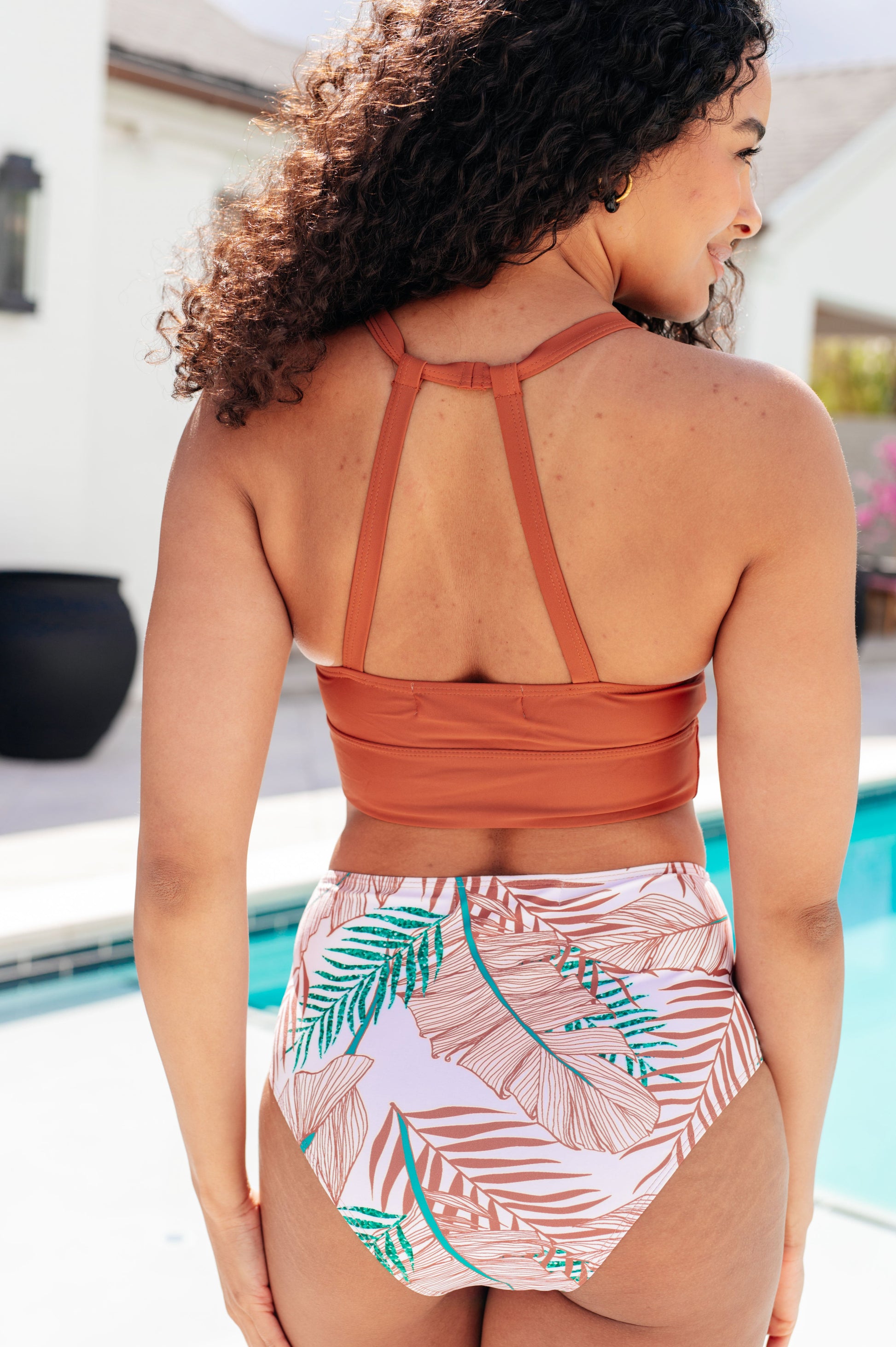 Back view of Tahiti Tropical Print Swim Bottoms, cheeky high waist design in tropical pattern