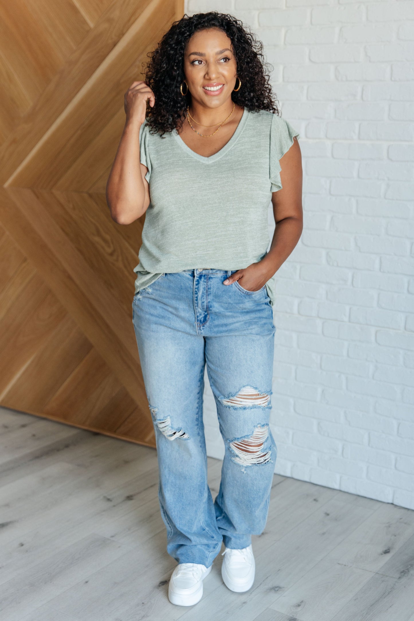 Plus size full body outfit with Teresa Flutter Sleeve Top in sage, V-neckline and flutter sleeves