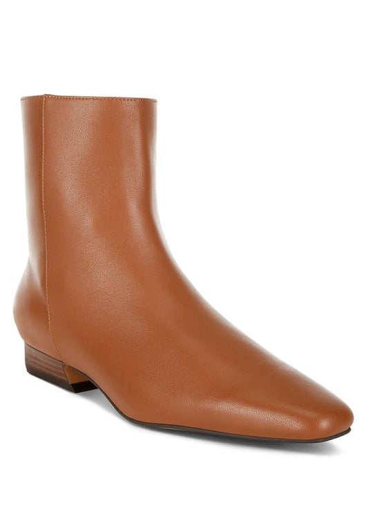 Obita Leather Ankle Boots in tan with closed snip toe and flared low block heel.

