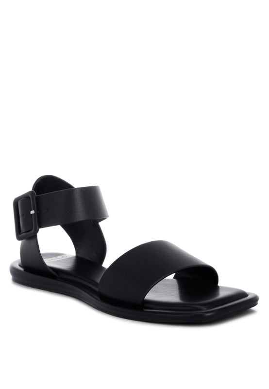 Front view of Tayana Chunky Buckle Strap Flats showing open square toe design.