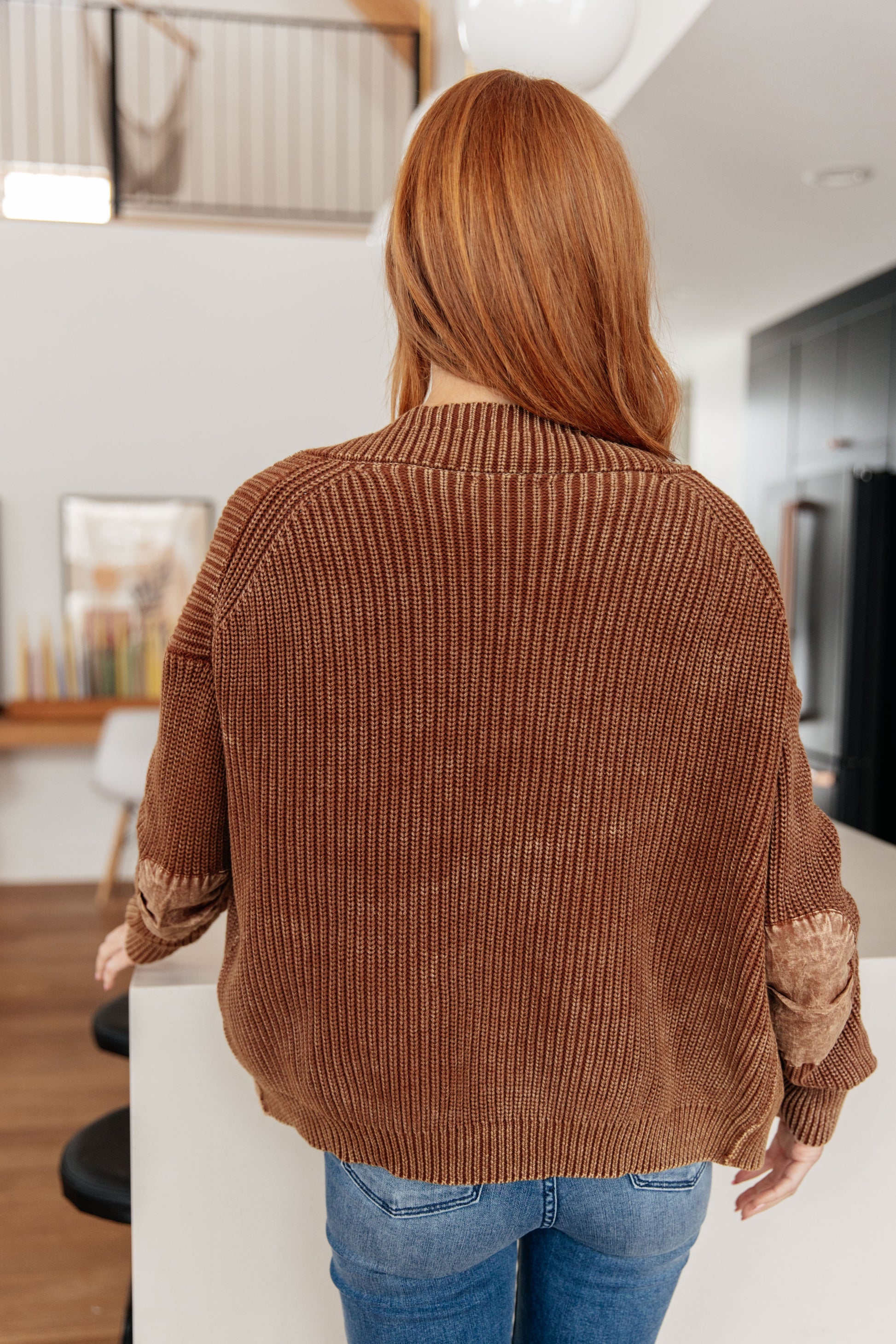 Back view of Talia Grandpa Cardigan in brown knit with worn-in mineral wash finish.