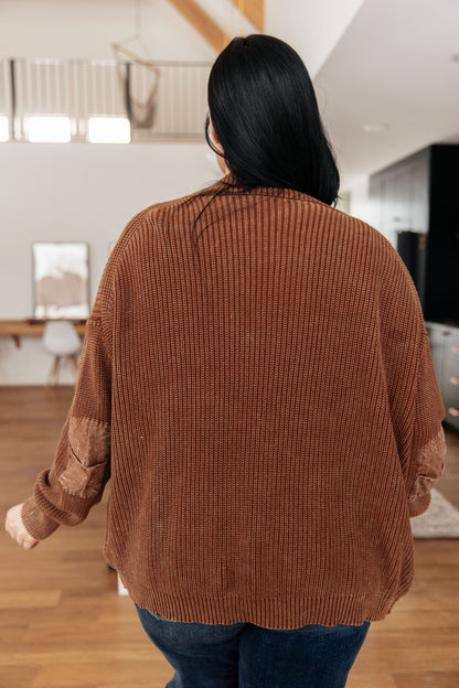 Back view of plus size Talia Grandpa Cardigan showing relaxed knit fit and ribbed cuffs.