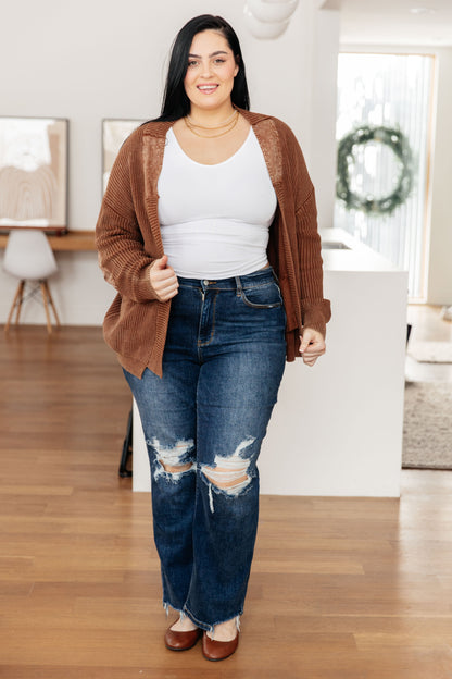 Plus size model wearing Talia Grandpa Cardigan open over a neutral top for fall layering.