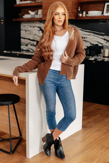 Model styling Talia Grandpa Cardigan over a tee with jeans for a relaxed vintage look.