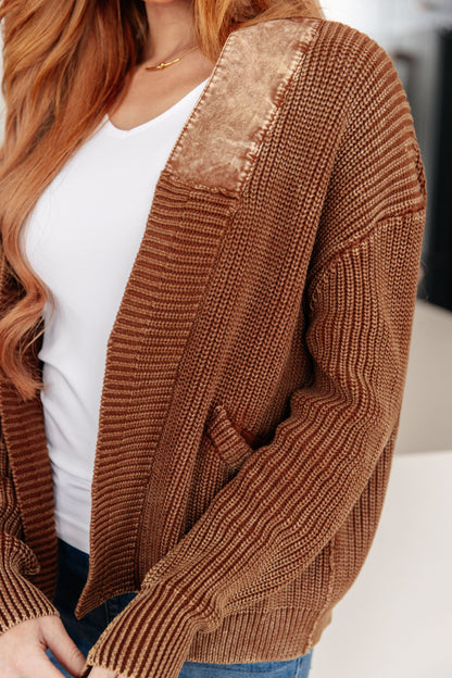 Close-up of Talia Grandpa Cardigan elbow patch and textured sweater knit details.
