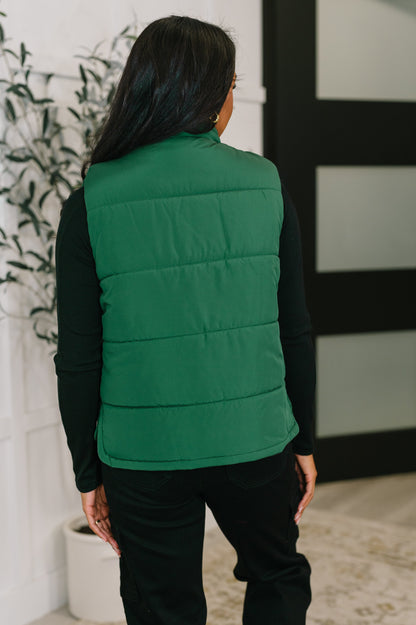 Back of Izabella Puffer Vest in hunter green showing quilted texture and high collar.