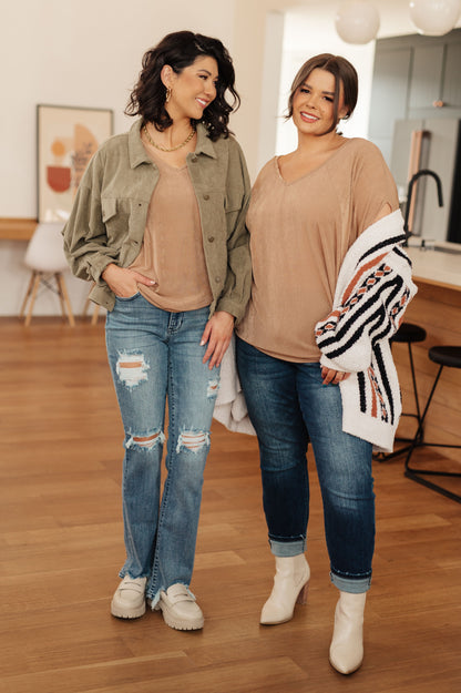 Standard and plus-size models wearing Alessandra V-Neck Top in taupe, styled with jeans.