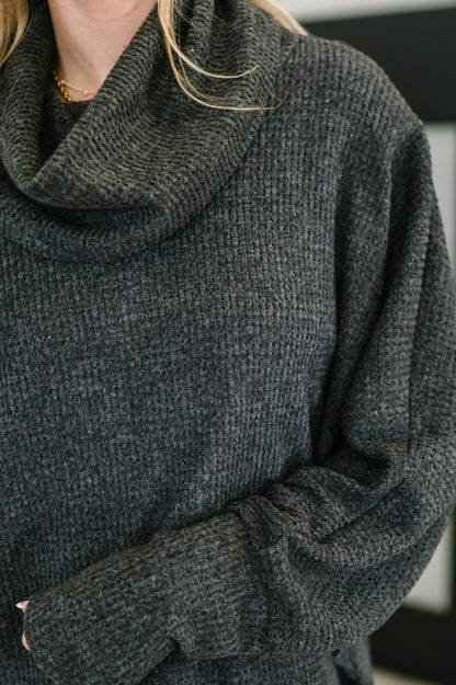 Close-up of Wannetta Set in Black showing cowl neckline and soft, high-stretch fabric.