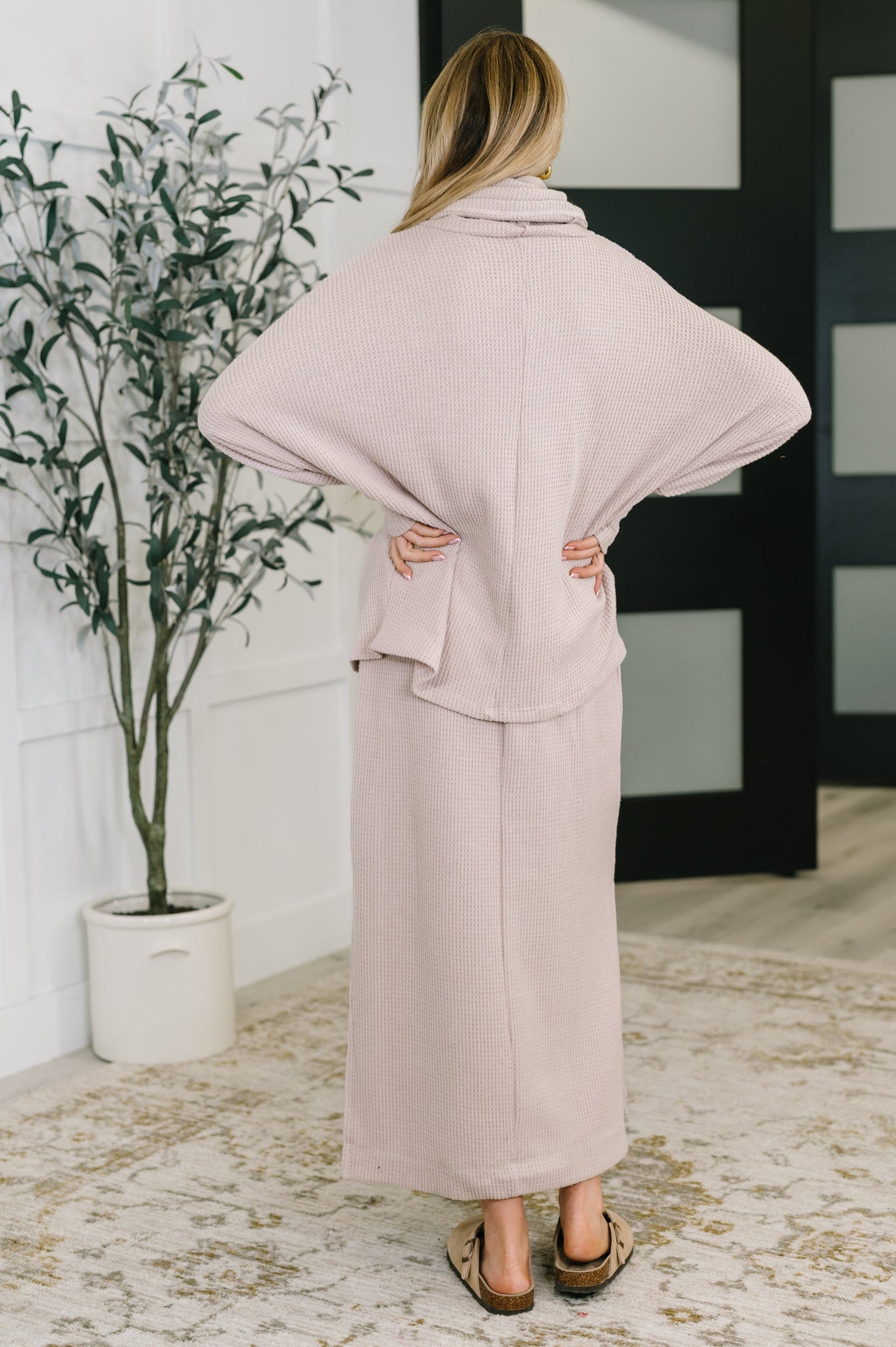 Back view of Wannetta Set in Oatmeal highlighting cozy knit texture and soft drape.