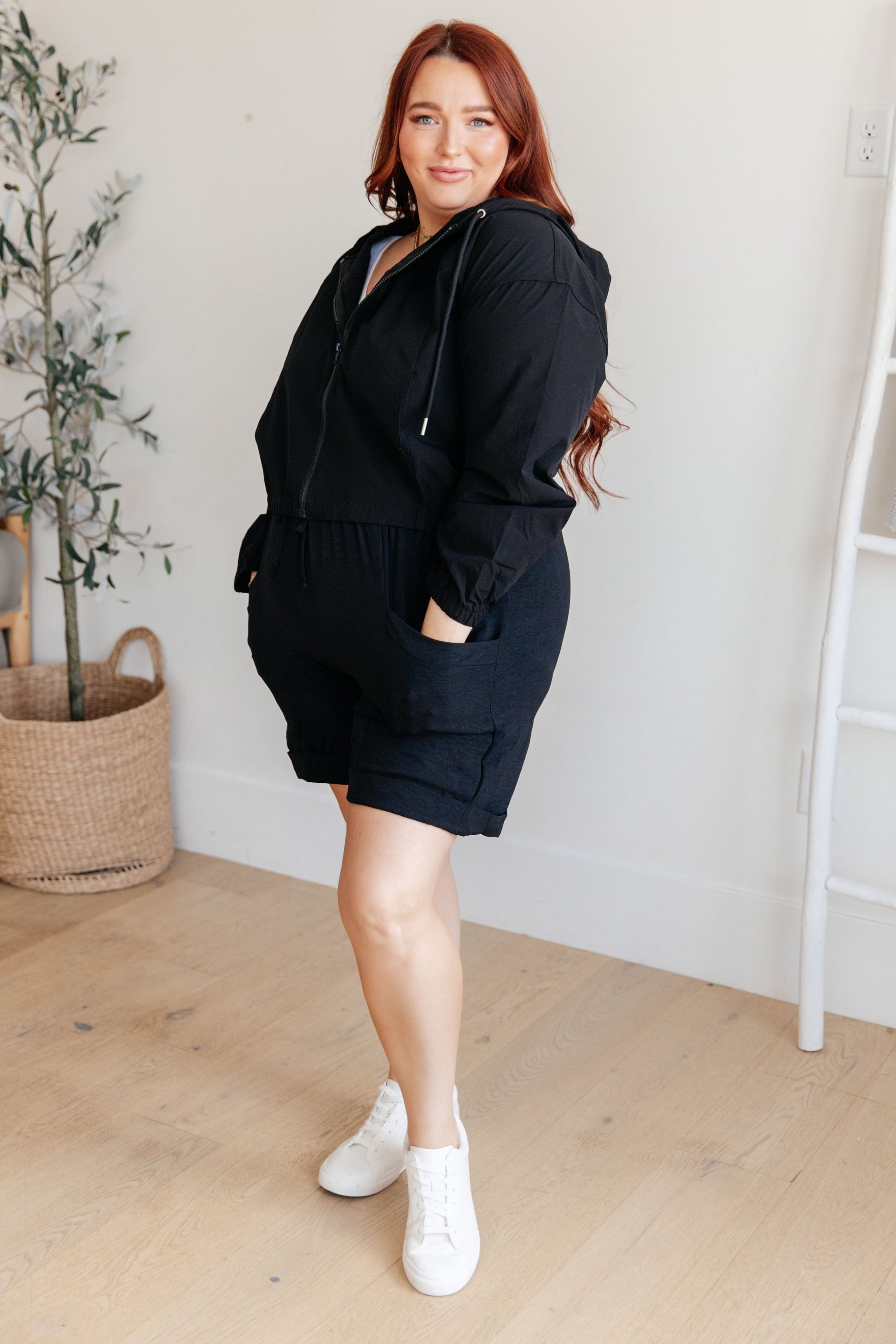 Plus size full body view of Gracelyn Drawstring Shorts styled with hoodie and casual sneakers.