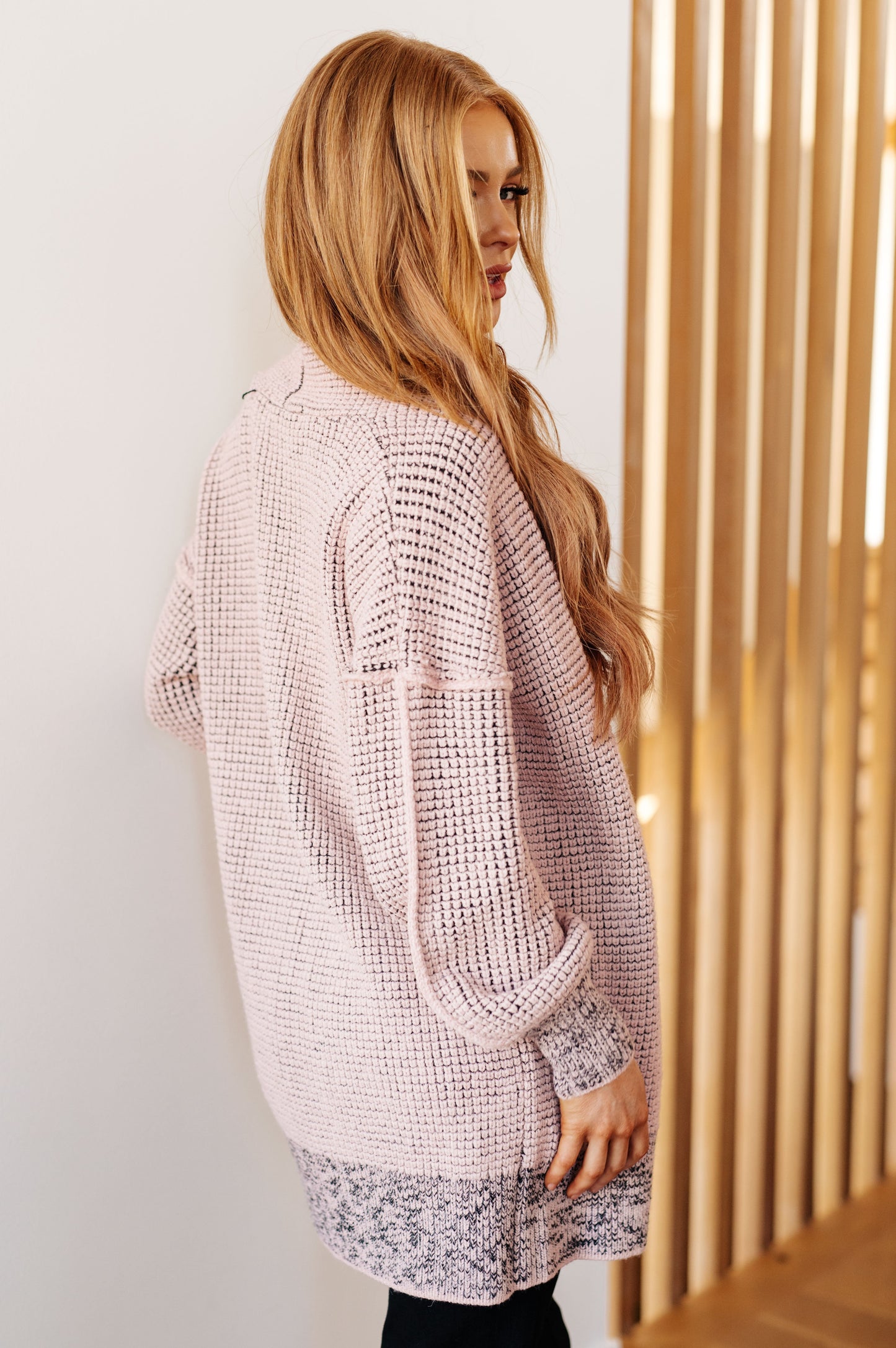 Back view of Ginni Mauve Cardigan, waffle knit texture and seam details