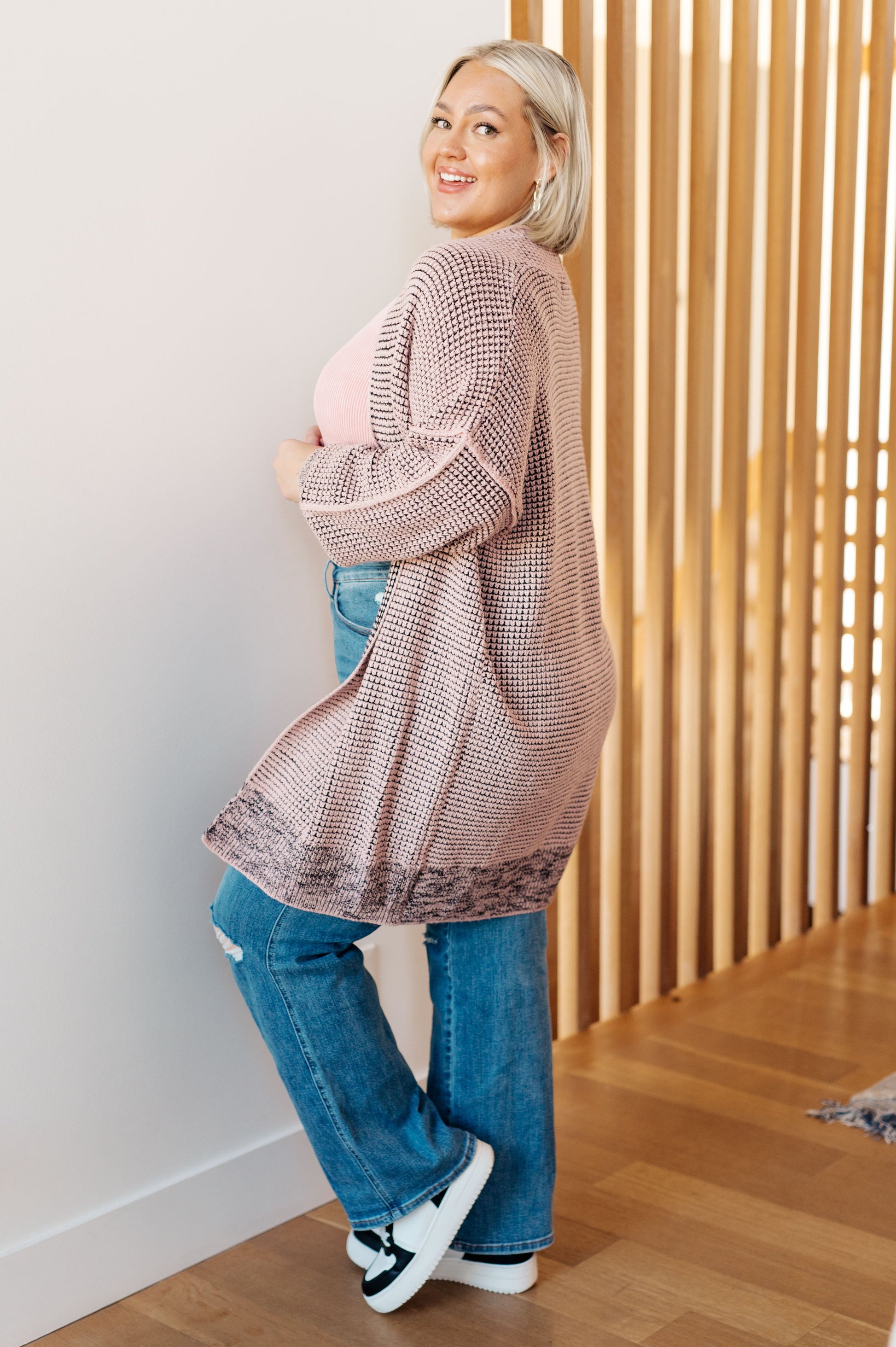 Plus size model side view in Ginni Mauve Cardigan, relaxed fit and draped collar
