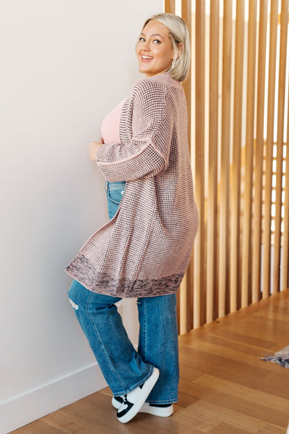 Plus size model side view in Ginni Mauve Cardigan, relaxed fit and draped collar
